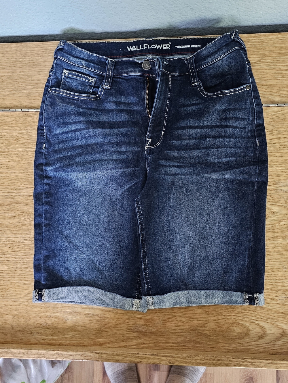 Wallflower Dark Blue Denim Cropped Shorts - Rolled Cuff
